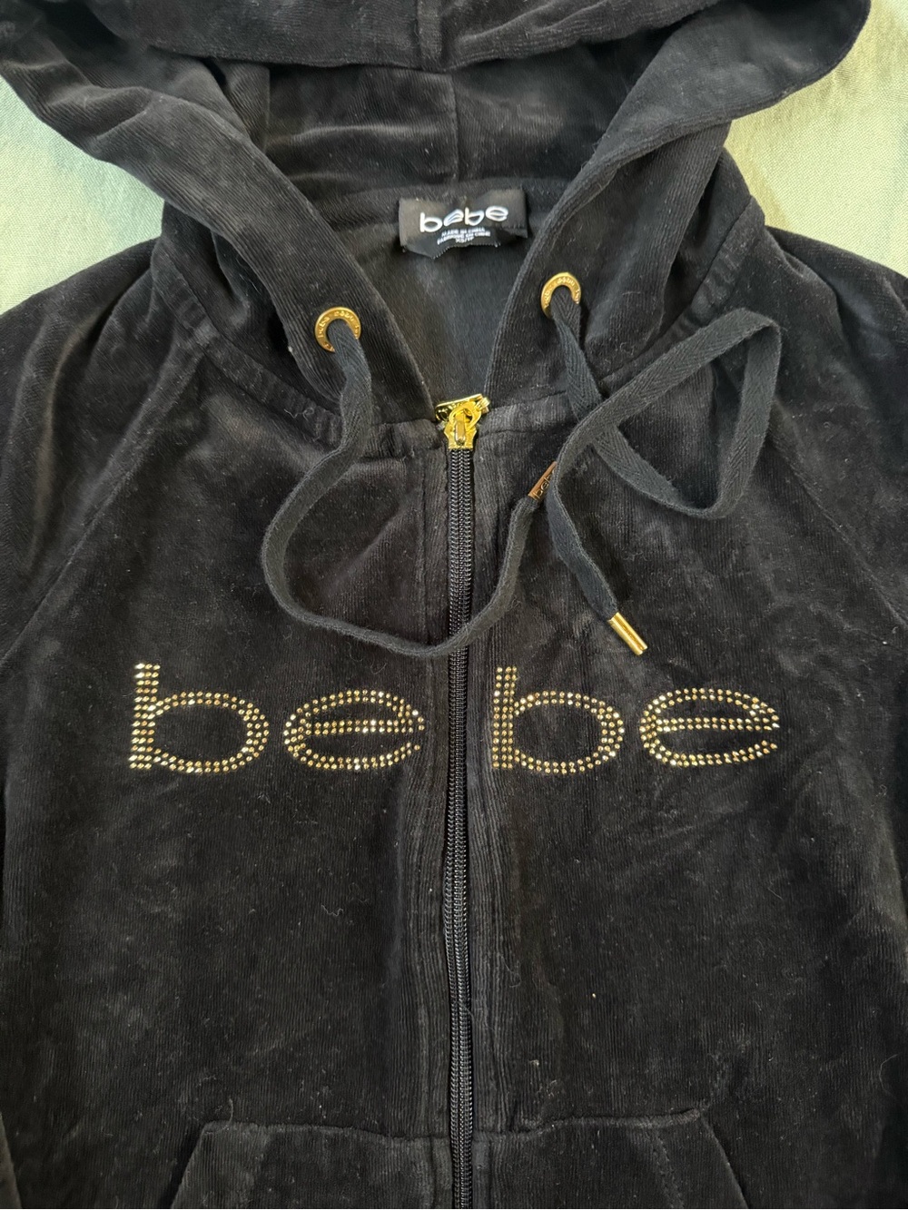Women's Bebe Y2K Velvour Rhinestone Full Zip Hoodie Black XS. - Picture 2 of 8